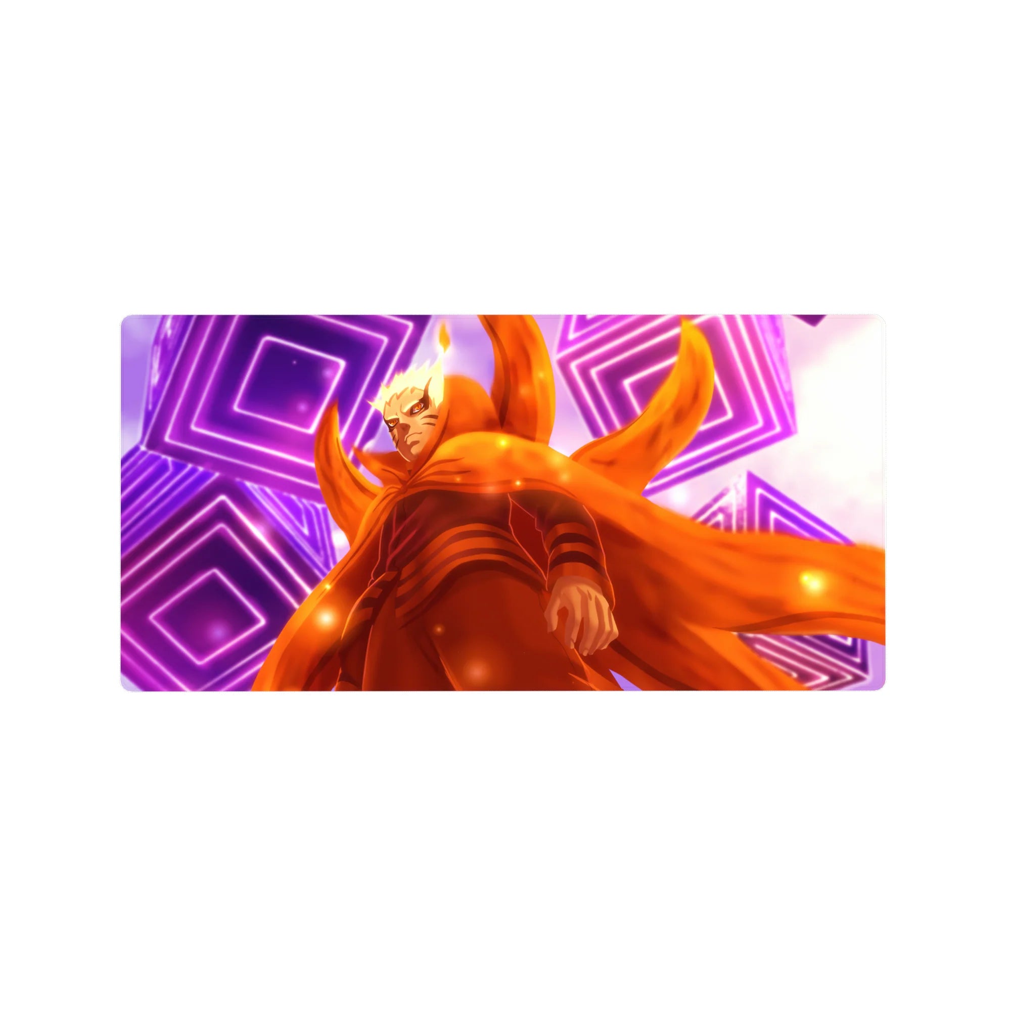 Naruto Kurama mode anime mouse pad with neon purple rings and orange chakra cloak, 32x16 inches.