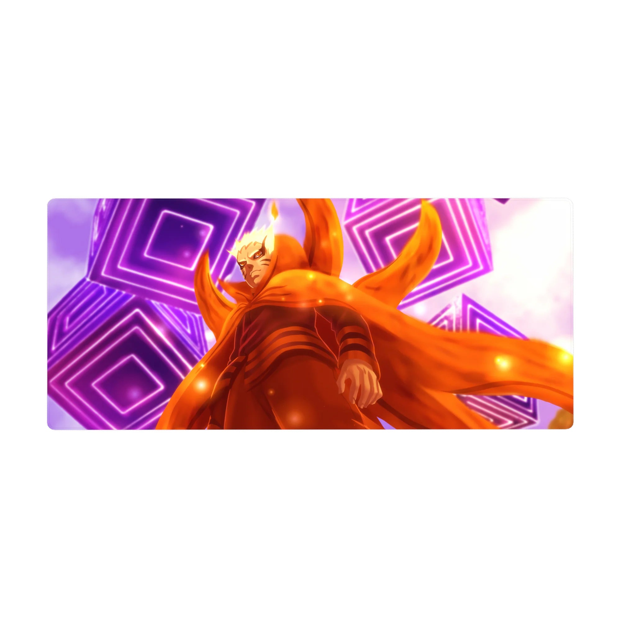Anime desk pad 36x16 inches with neon purple rings, orange chakra cloak art, and premium smooth surface.