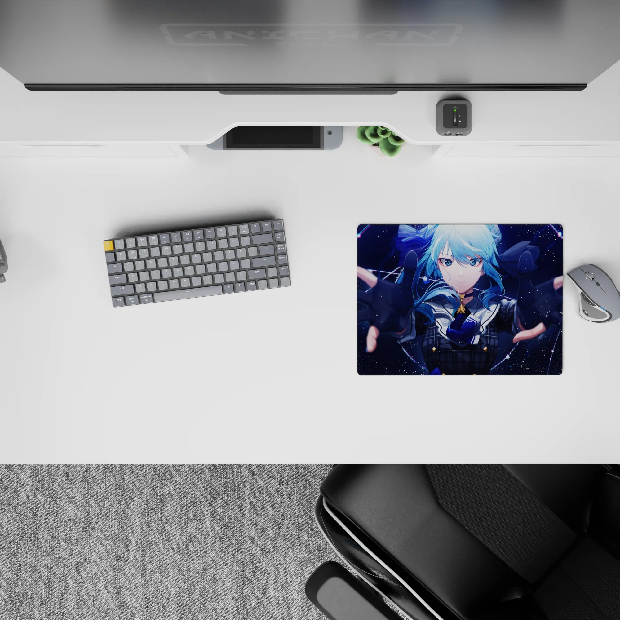 Navy galaxy anime girl mouse pad 14x10 inches in icy blues, neon lines, and glittering constellations.