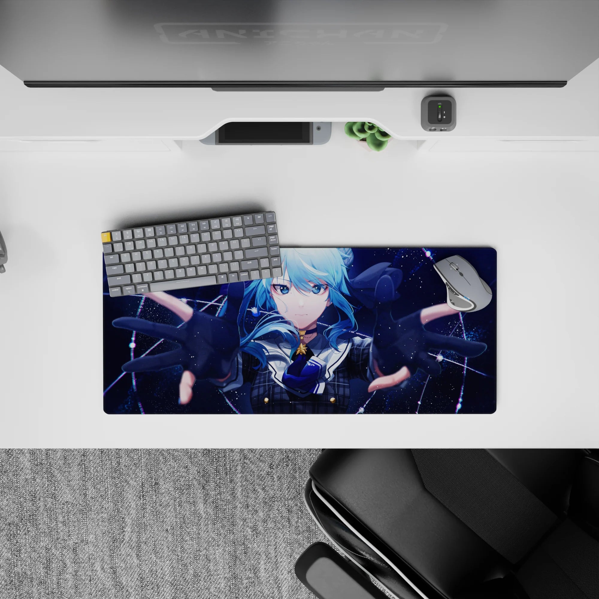 28x12 inches anime girl mouse pad in icy blues and deep navy, glitter constellations and neon lines.