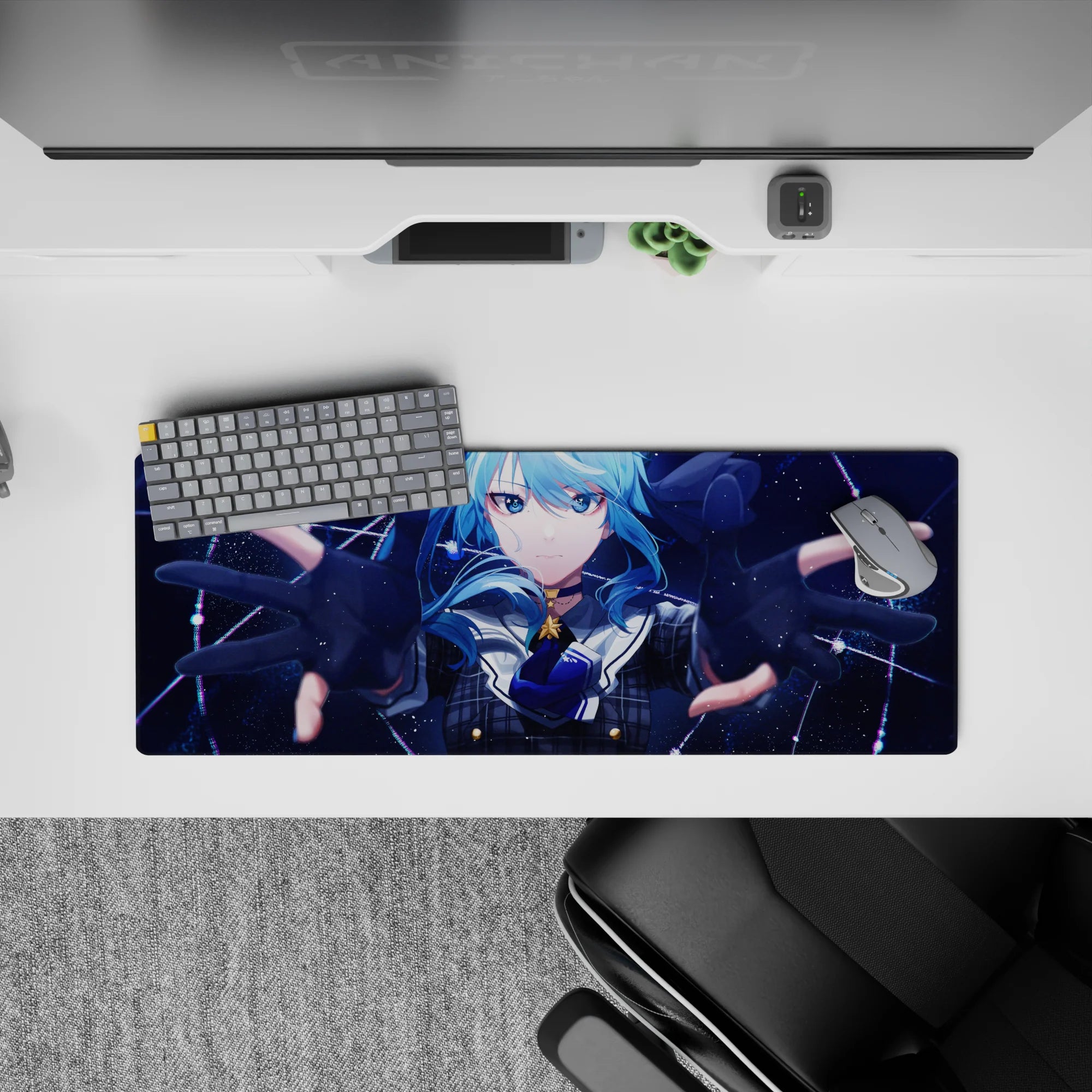 32x12 inches anime girl mouse pad in icy blues and deep navy, neon lines and glittery stars for cosmic vibes.