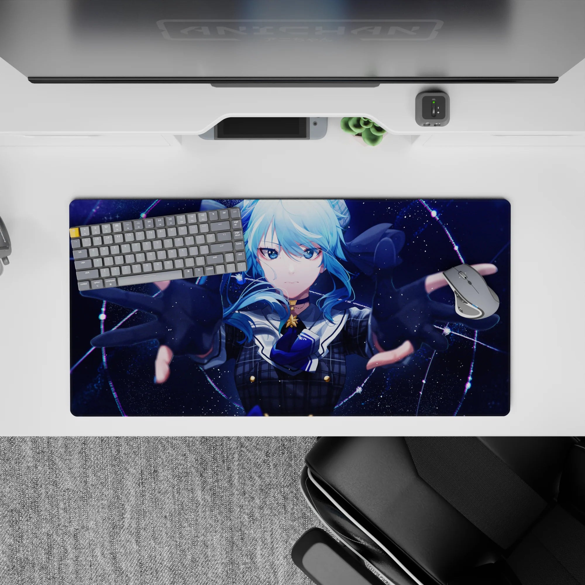 32x16 inches anime girl mouse pad in icy blues and navy, neon constellation glow, dreamy space vibe.