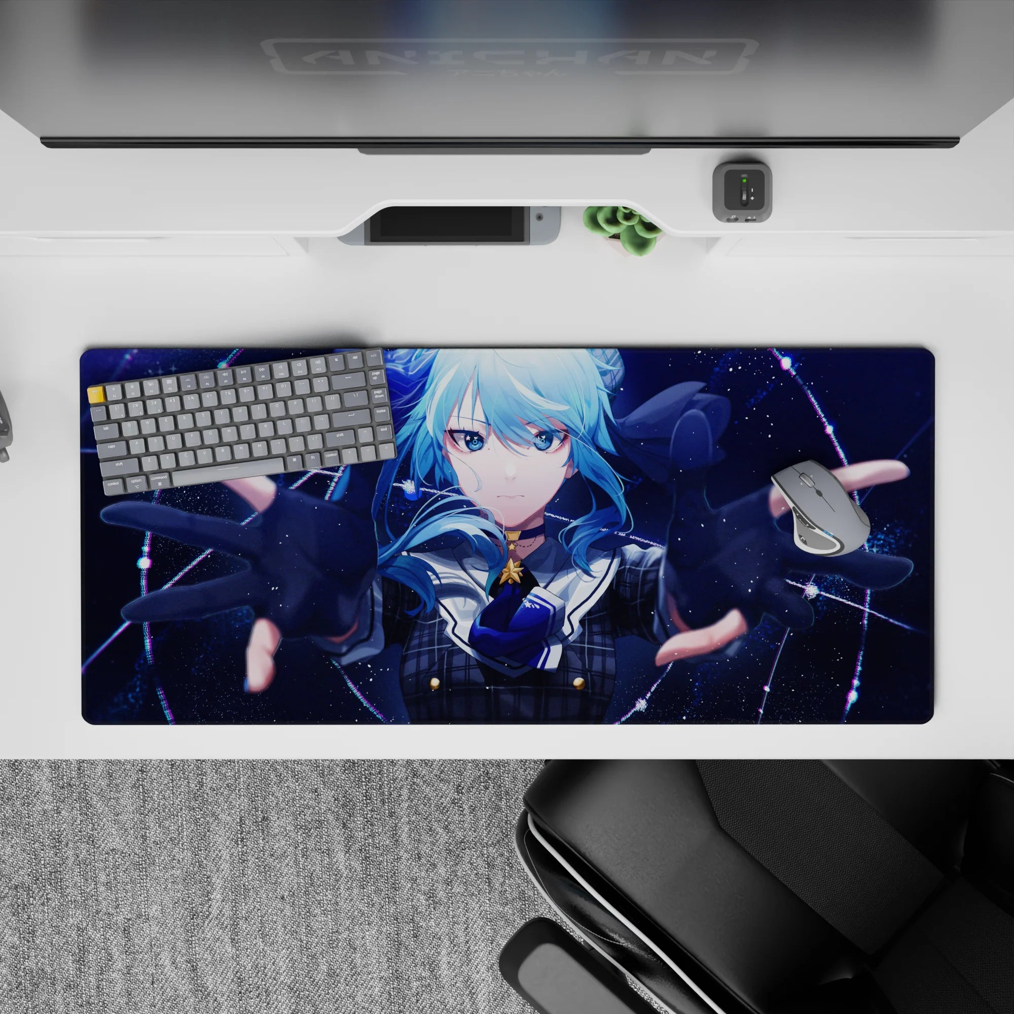 36x16 inches anime desk pad in icy blues and deep navy, glittery constellations for a dreamy space vibe.
