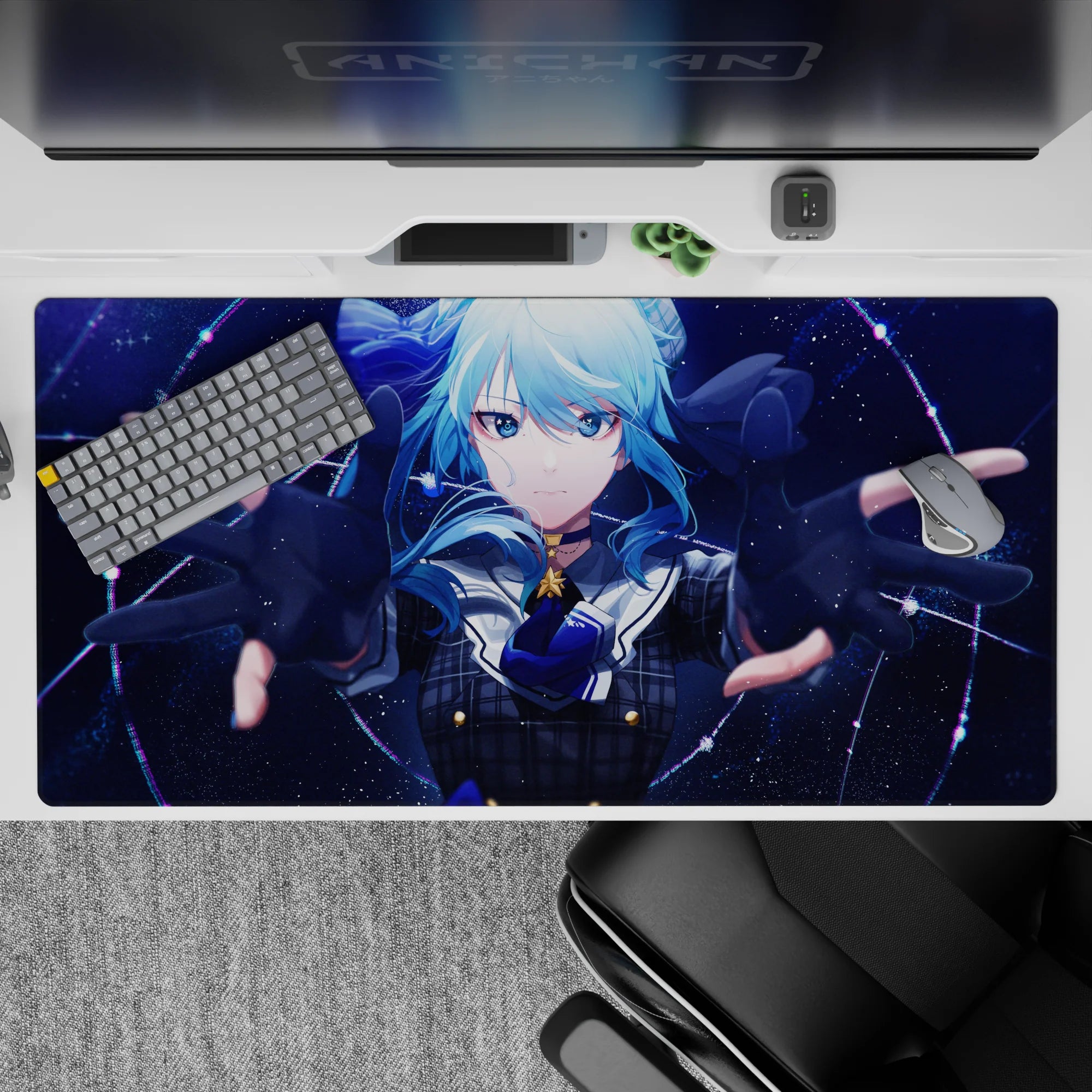 Cosmic navy and icy blue anime desk pad 40x20 inches with glitter constellations and neon accents.