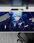 Cosmic navy and icy blue anime desk pad 40x20 inches with glitter constellations and neon accents.