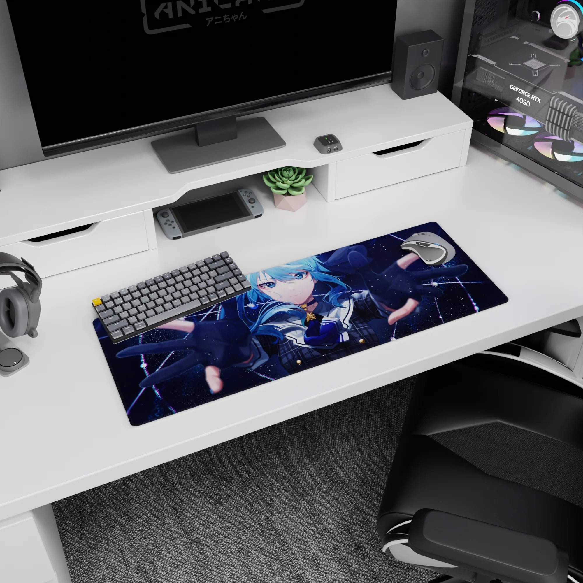 32x12 inches anime girl mouse pad showing a blue-haired girl reaching toward you over a space-themed background.