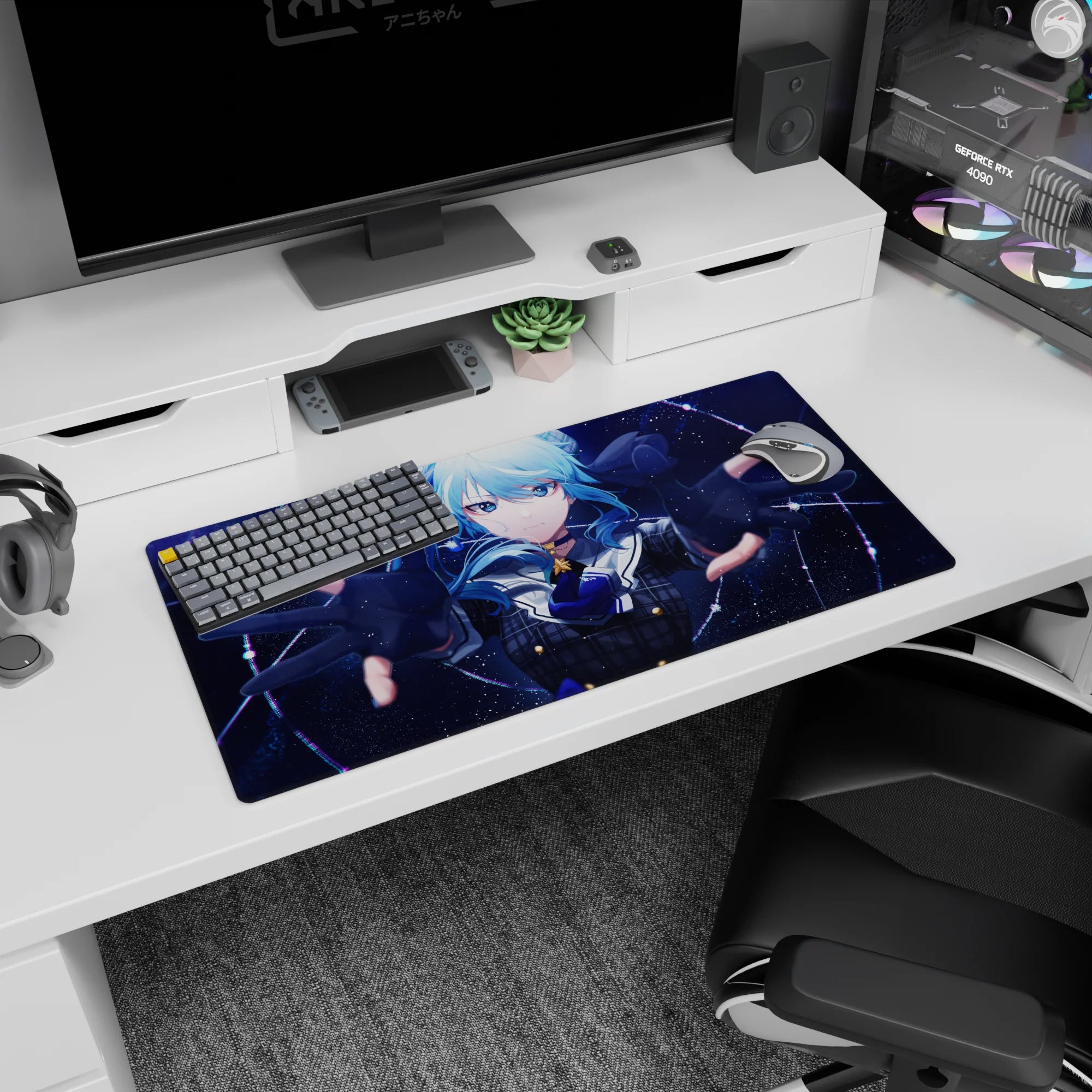 32x16 inches anime girl mouse pad showing blue-haired girl reaching toward you, uniform star detail.