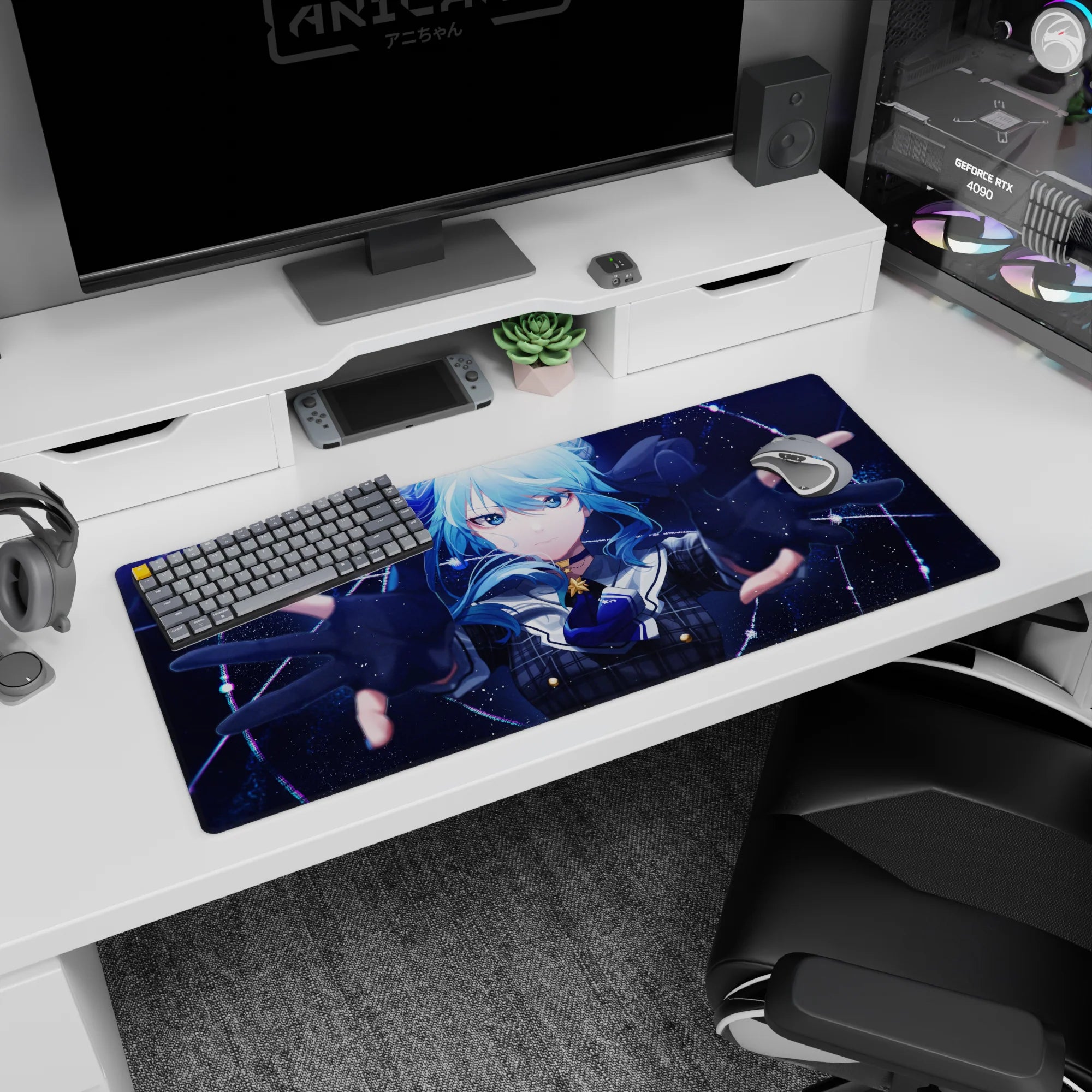 36x16 inches anime girl desk pad showing a blue-haired girl reaching toward you, star detail on her uniform.