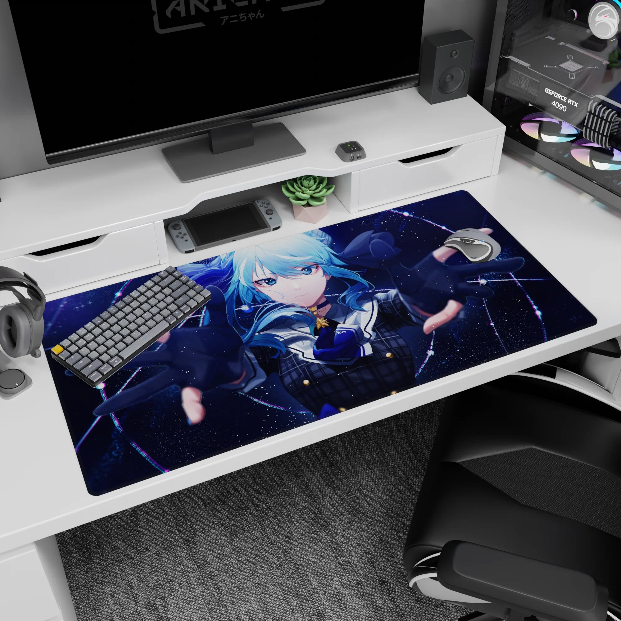 Blue-haired anime girl reaching toward you on desk pad 40x20 inches, bold uniform with star detail.