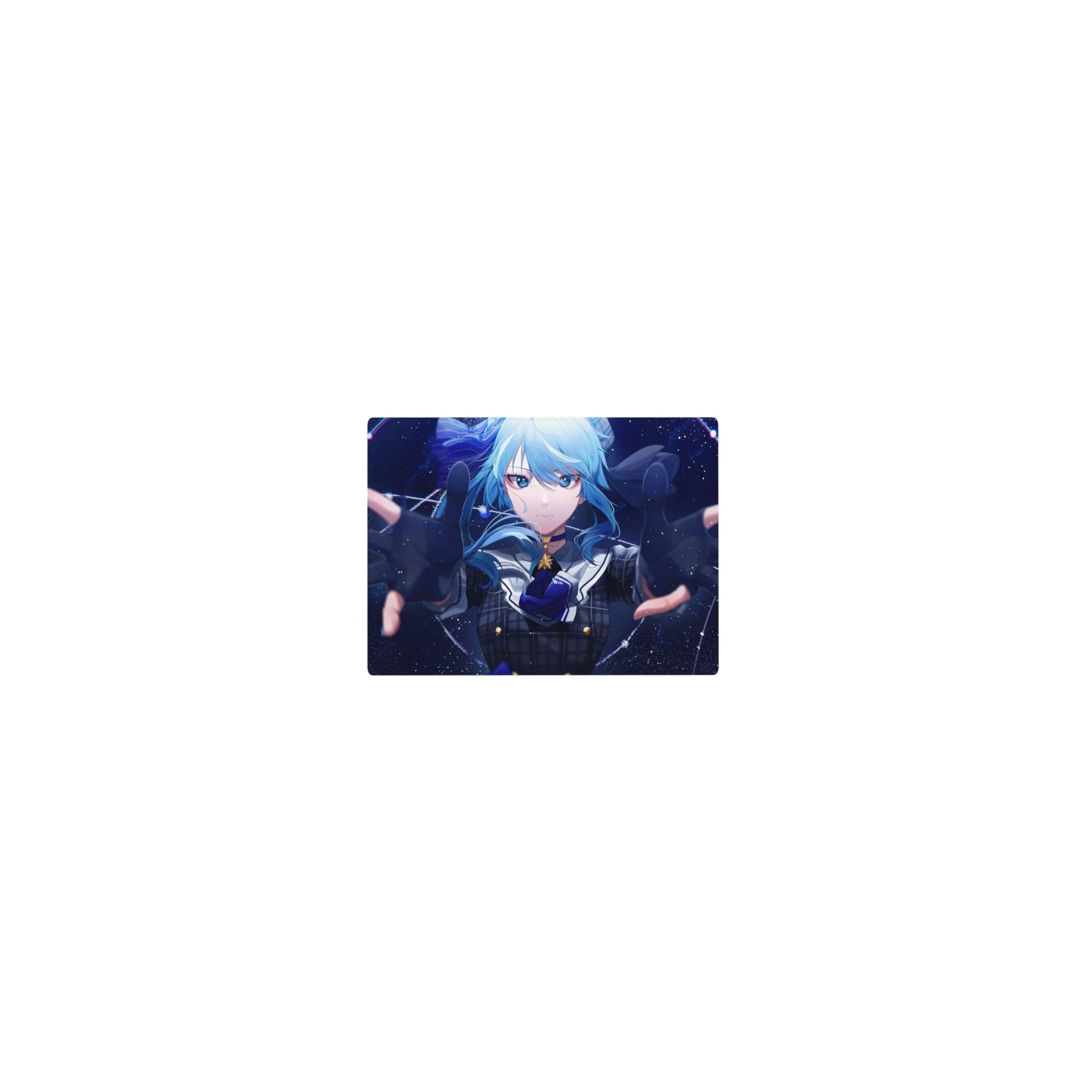 Classic anime girl mouse pad 14x10 inches with blue-haired schoolgirl and cosmic starry space background.