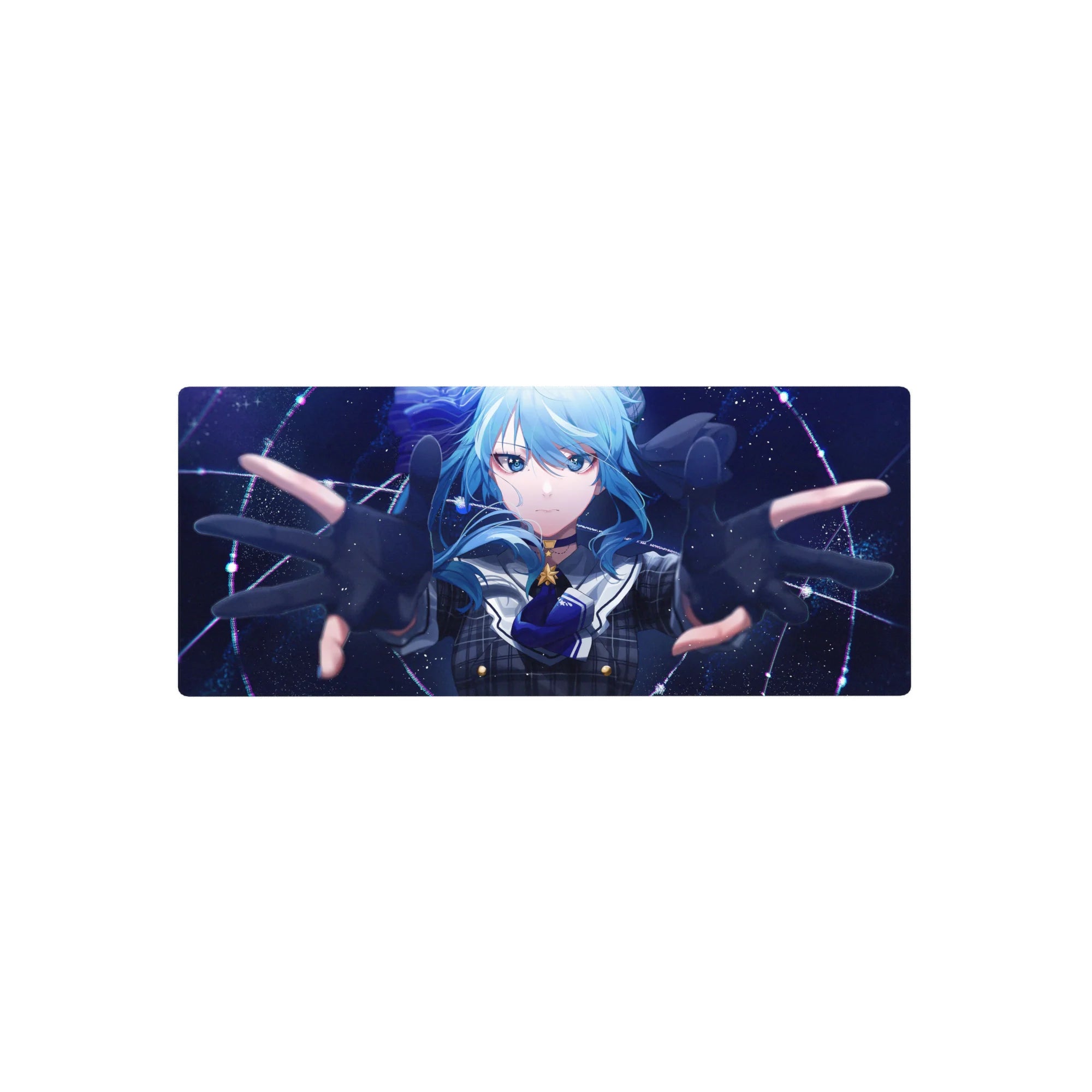 28x12 inches anime girl mouse pad with blue-haired uniform girl on a cosmic starfield background.