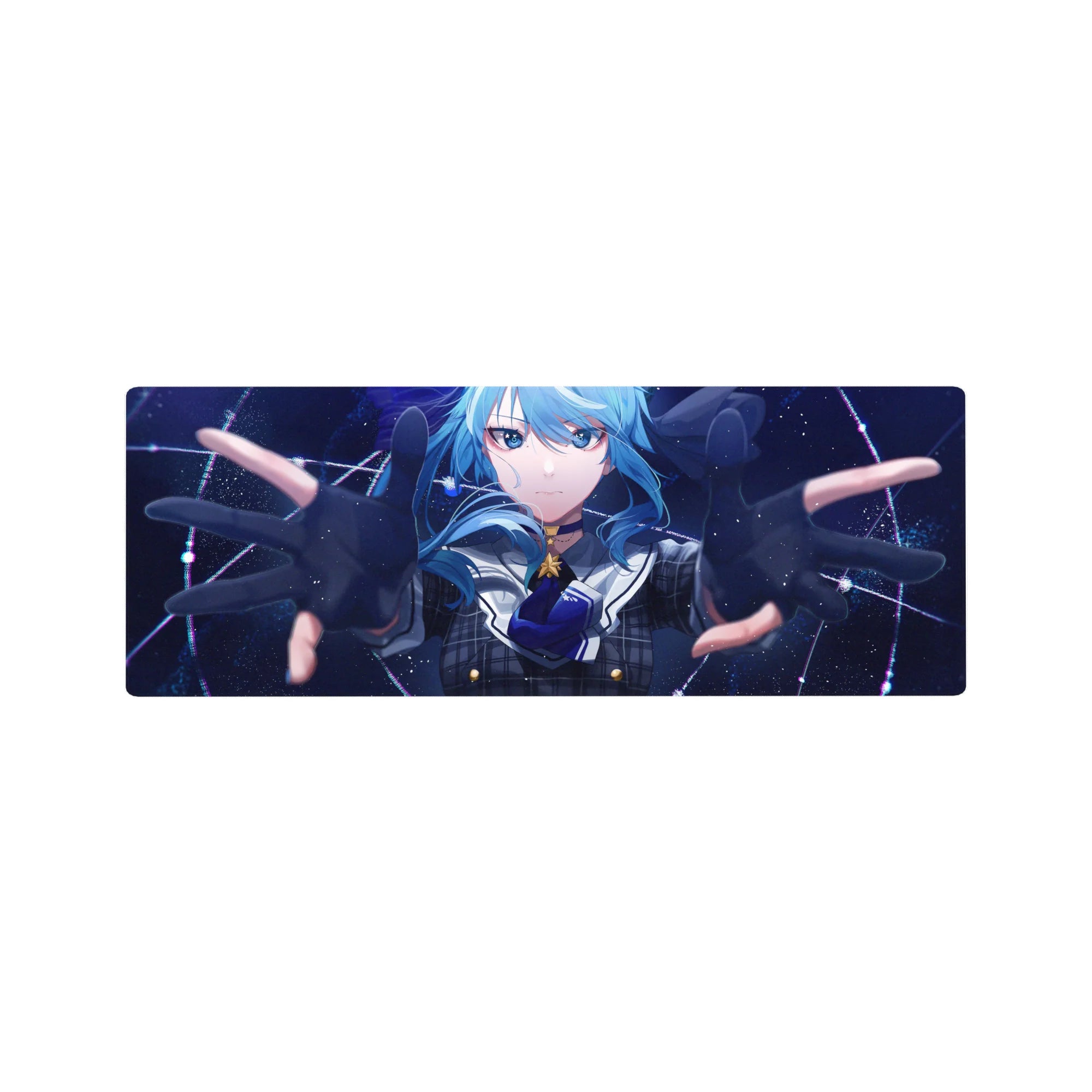 32x12 inches anime girl mouse pad with blue-haired uniform girl, star detail, and cosmic constellation backdrop.