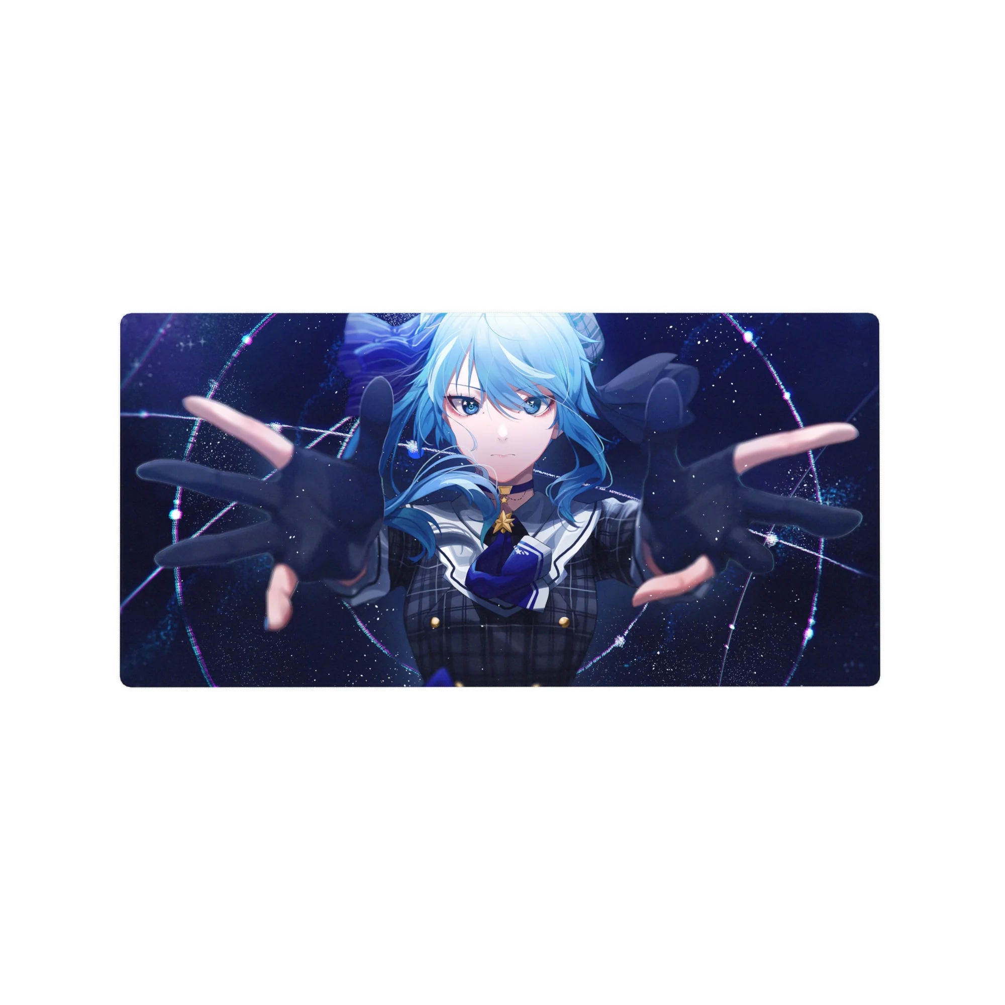 32x16 inches anime girl mouse pad with blue-haired schoolgirl, cosmic starfield background, smooth desk mat.