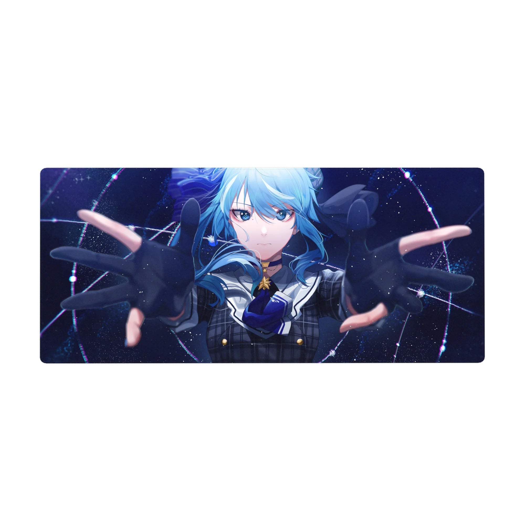 36x16 inches anime girl desk pad with blue-haired uniform girl, stars, neon lines, and cosmic background.