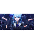 36x16 inches anime girl desk pad with blue-haired uniform girl, stars, neon lines, and cosmic background.