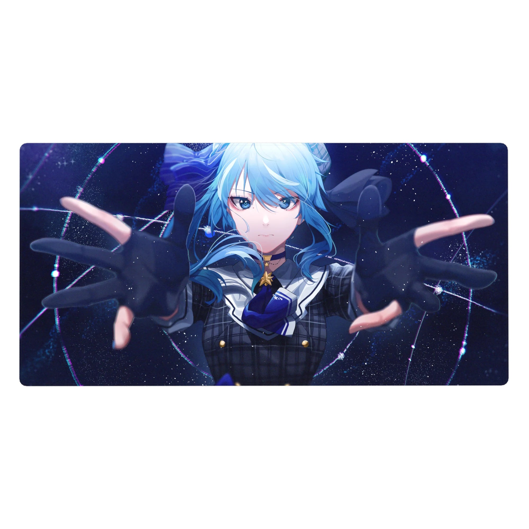Anime girl desk pad 40x20 inches with blue-haired character, cosmic star background, and neon lines.