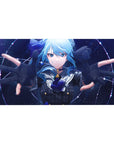 Anime girl desk pad 40x20 inches with blue-haired character, cosmic star background, and neon lines.