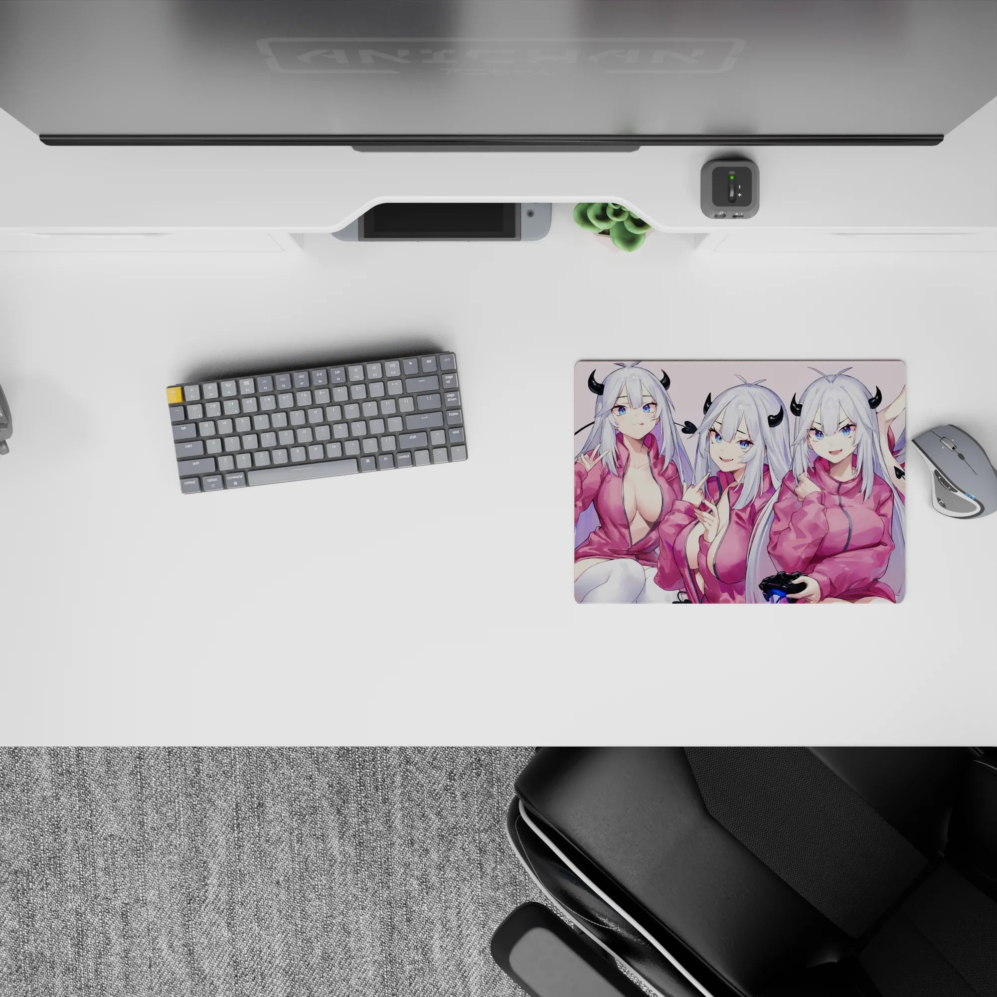 Cozy blush and pink hoodie vibe on an anime girl mouse pad 14x10 inches, with icy silver hair and blue eyes.