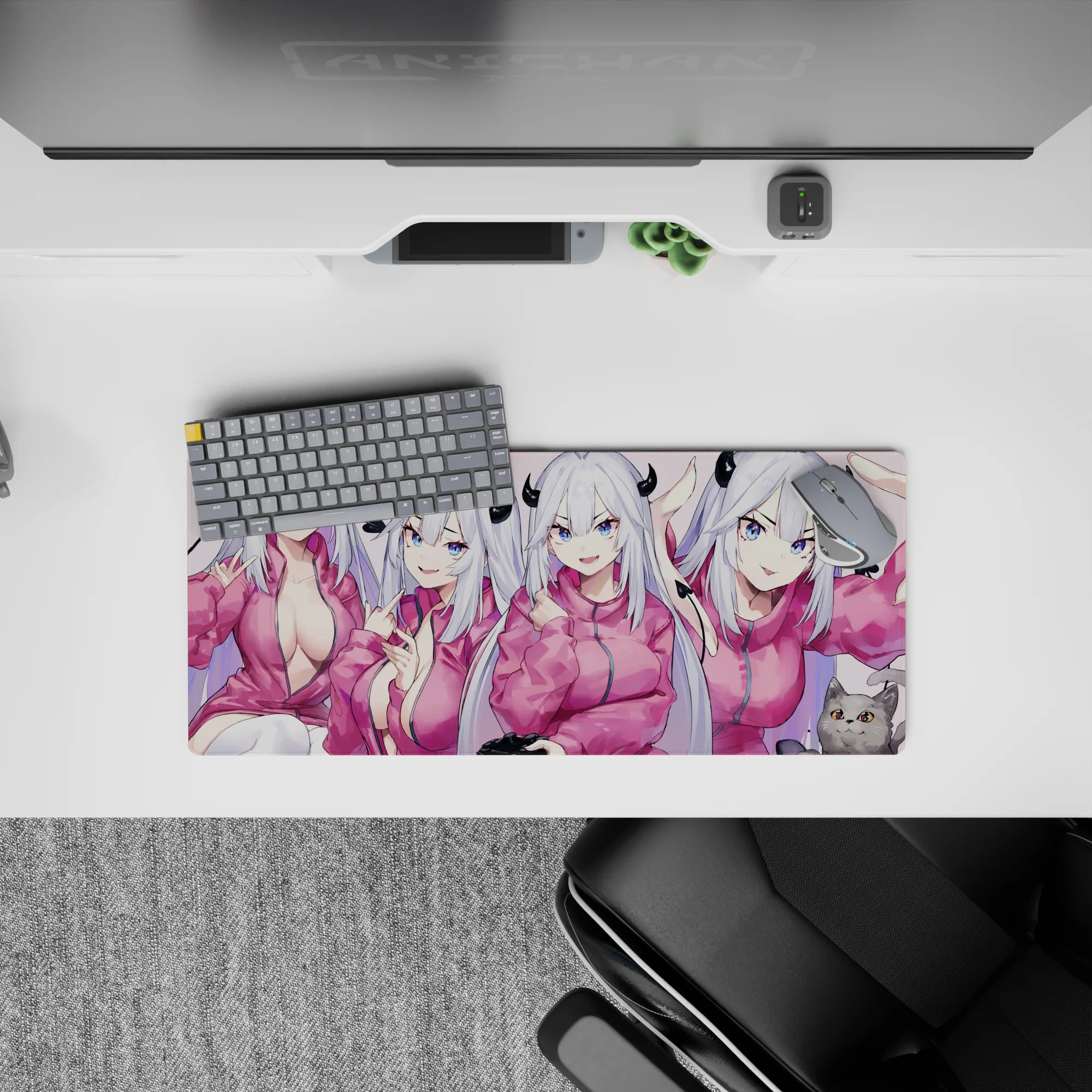 28x12 inches anime girl mouse pad in blush pink and icy silver, cozy hoodie vibe with bright blue eyes.
