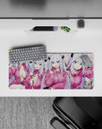28x12 inches anime girl mouse pad in blush pink and icy silver, cozy hoodie vibe with bright blue eyes.