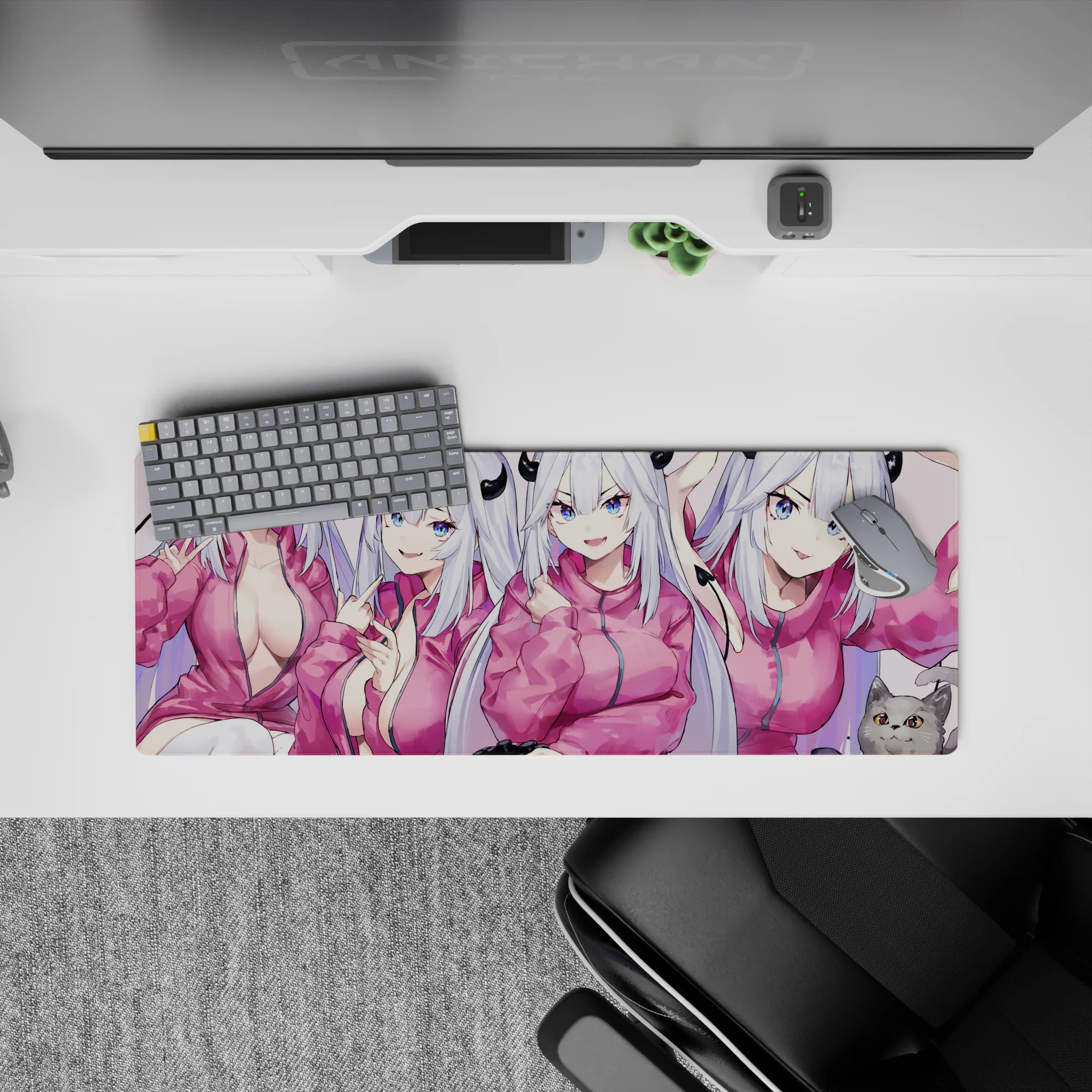 Cozy blush pink hoodie vibe anime girl mouse pad 32x12 inches with icy silver hair and blue eyes.