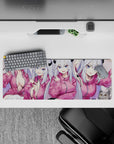 Cozy blush pink hoodie vibe anime girl mouse pad 32x12 inches with icy silver hair and blue eyes.