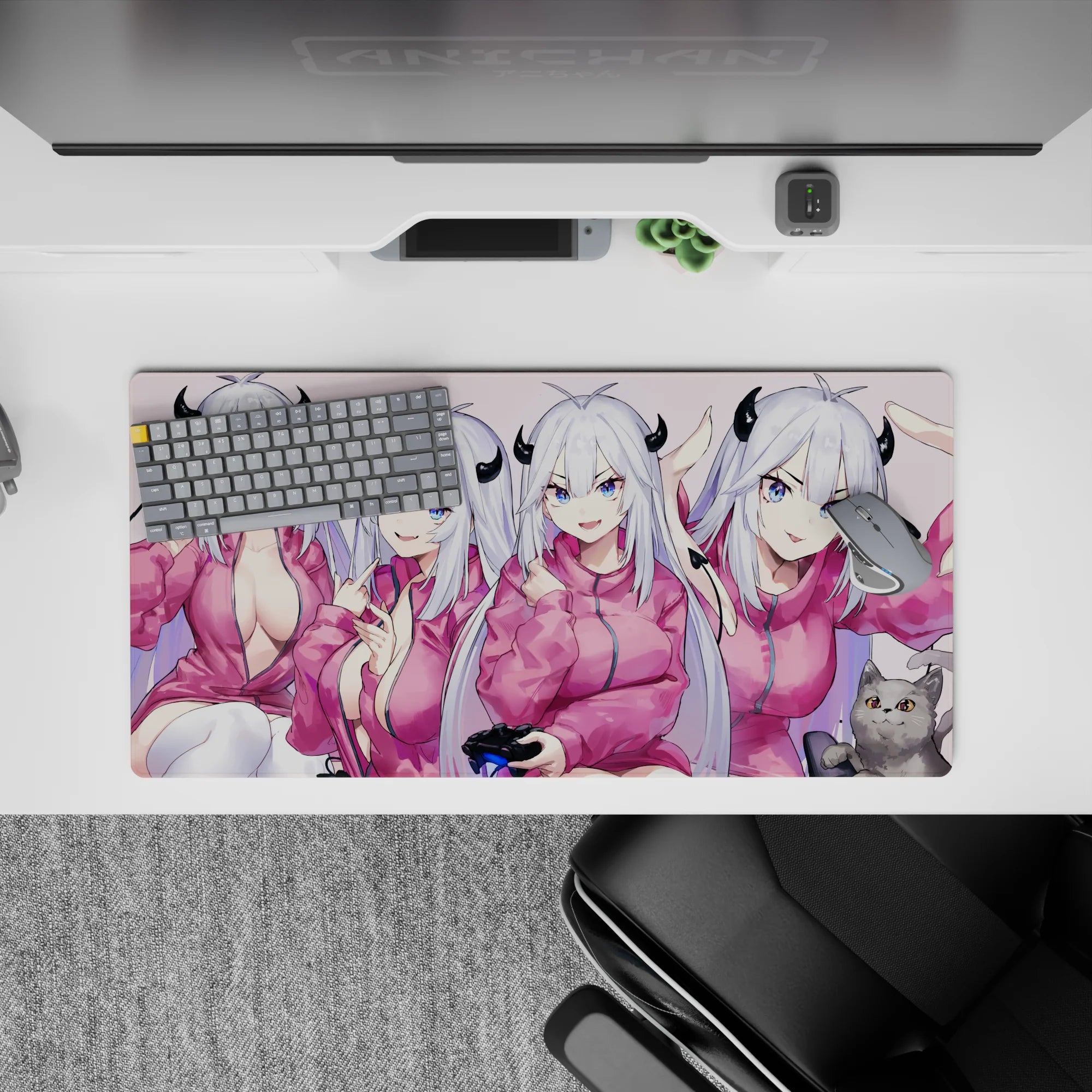 32x16 inches anime girl mouse pad in soft blush pink with cozy hoodie vibe, crisp print, cute horns.