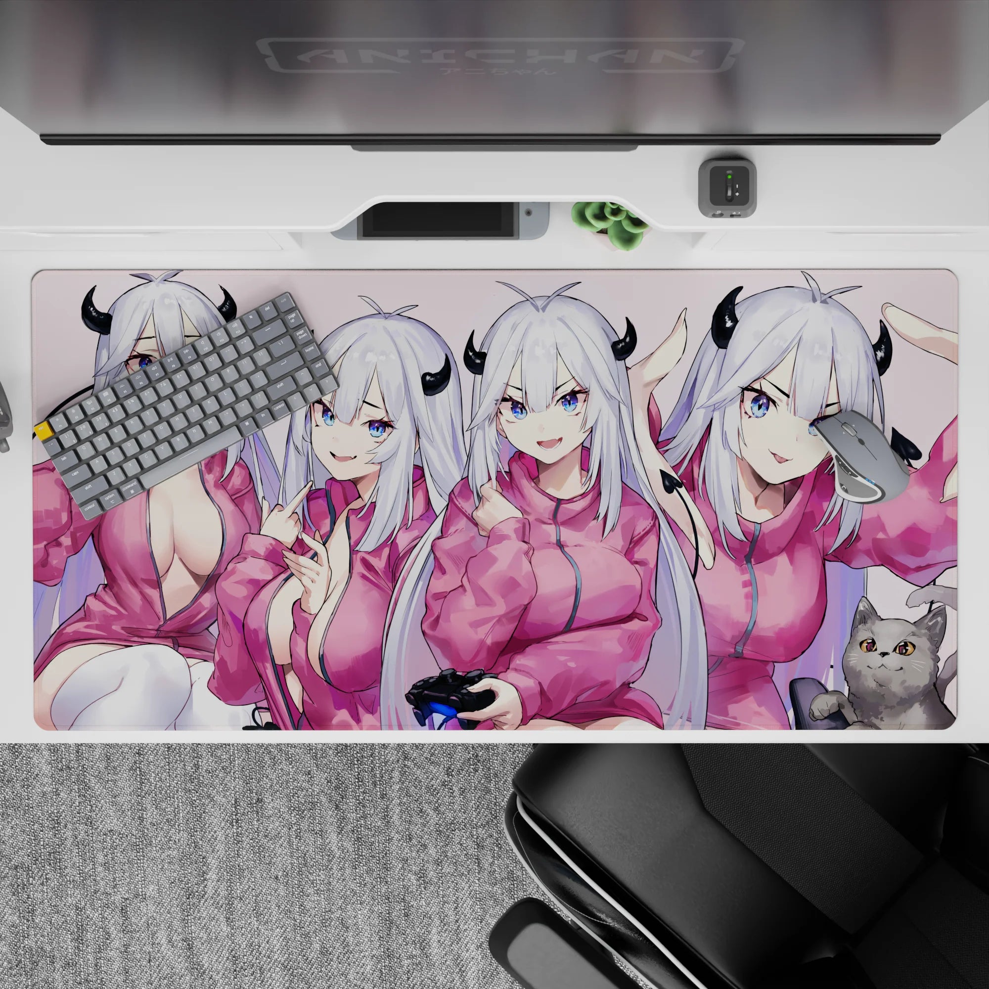 Cozy blush-pink anime desk pad 40x20 inches with icy silver hair, bright blue eyes, hoodie vibe.