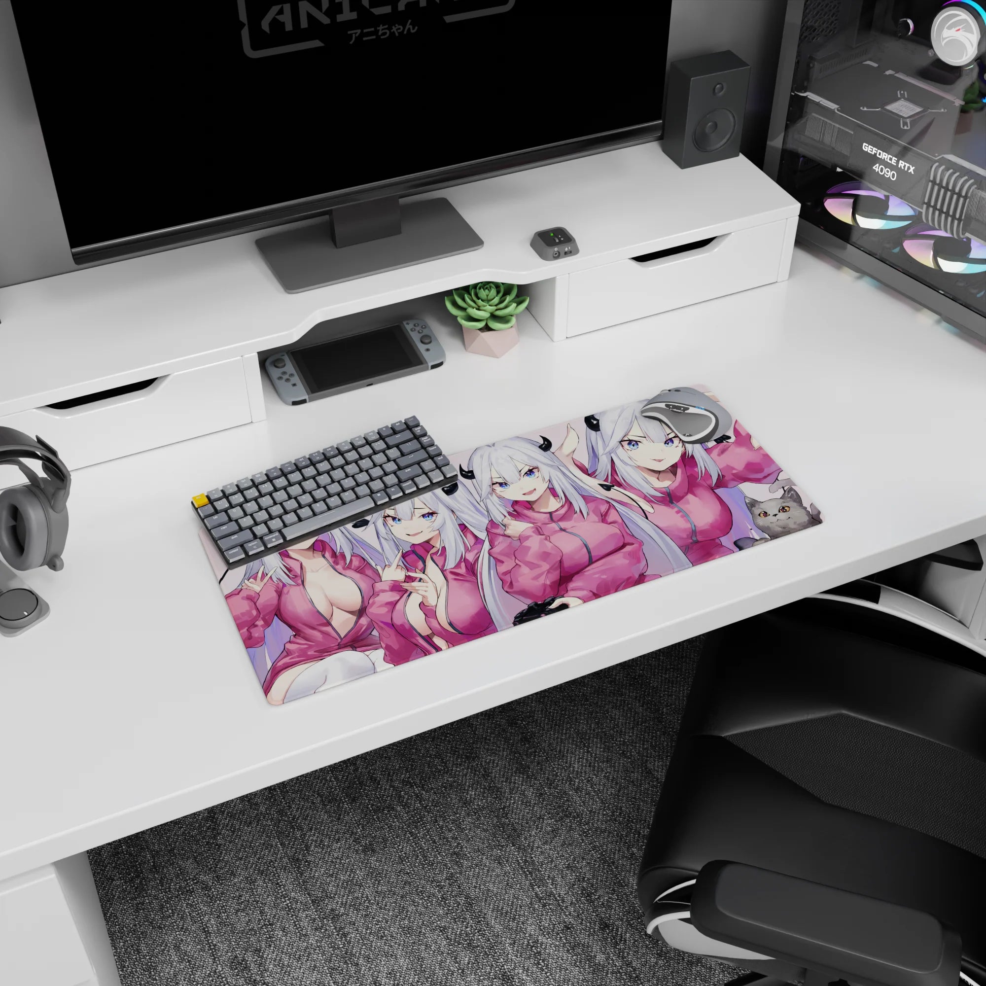 28x12 inches anime girl mouse pad showing a horned silver-haired girl in pink hoodie, playful poses with cat.