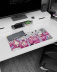 28x12 inches anime girl mouse pad showing a horned silver-haired girl in pink hoodie, playful poses with cat.