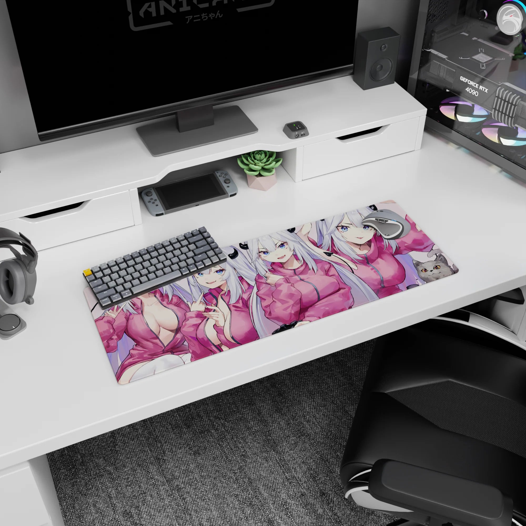 Four-pose demon girl with tiny black horns and a cheeky cat on an anime girl mouse pad 32x12 inches.