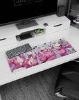 Four-pose demon girl with tiny black horns and a cheeky cat on an anime girl mouse pad 32x12 inches.