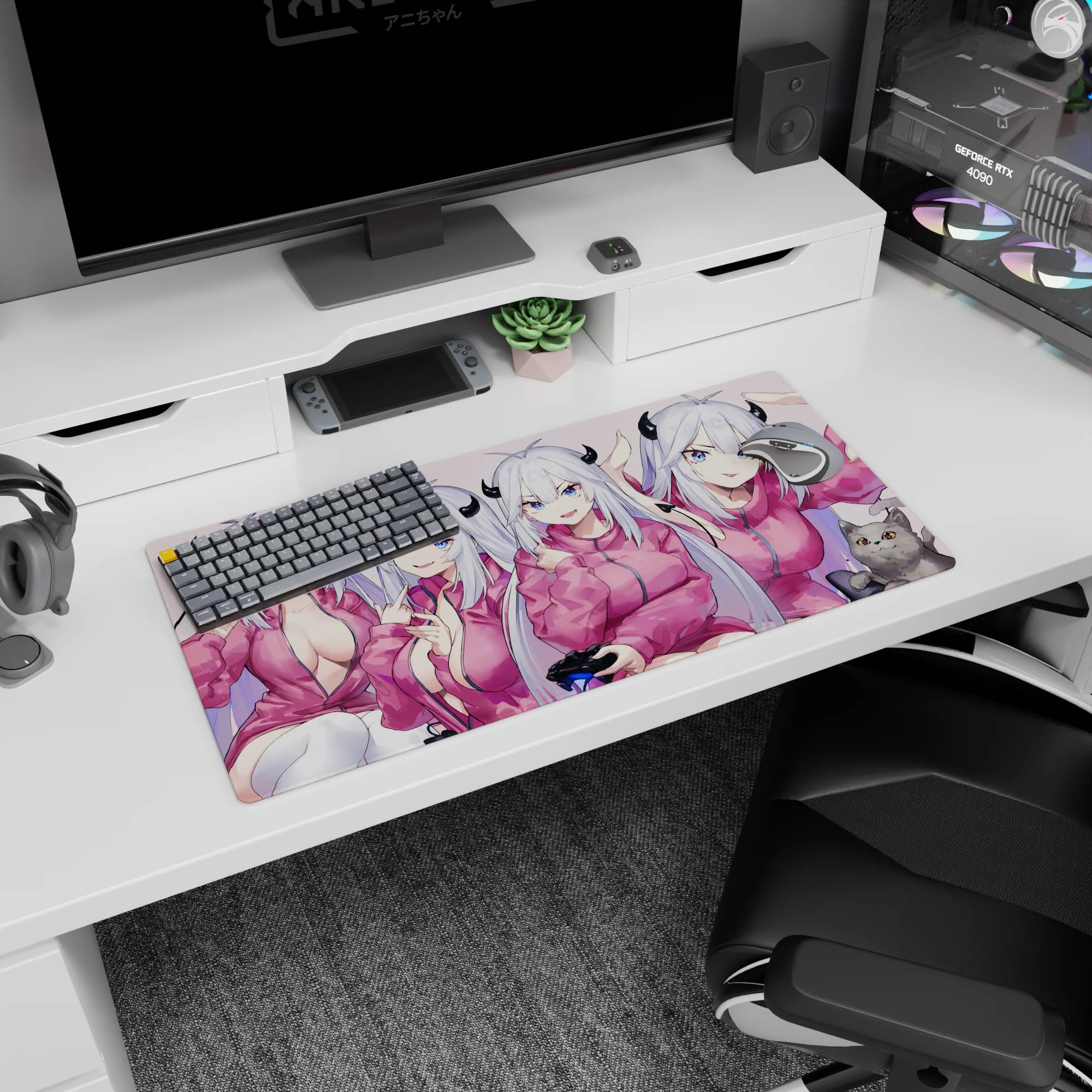 32x16 inches anime girl mouse pad showing a chibi demon girl with tiny black horns, silver hair, and cat.