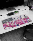 32x16 inches anime girl mouse pad showing a chibi demon girl with tiny black horns, silver hair, and cat.