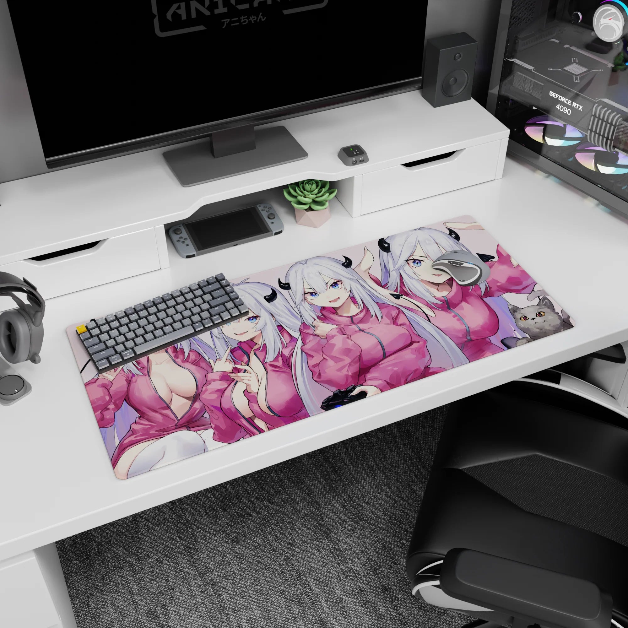 Demon girl with icy silver hair and tiny black horns on anime desk pad 36x16 inches, cat beside her.