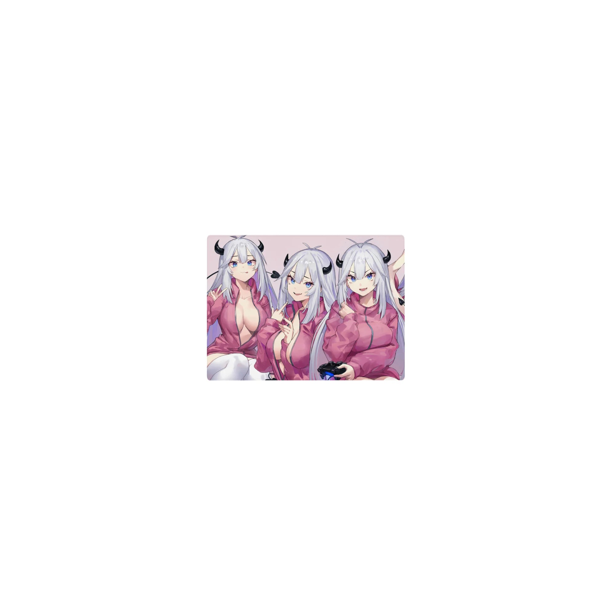 Classic anime girl mouse pad 14x10 inches with demon girl poses, tiny horns, silver hair, and cat cameo.