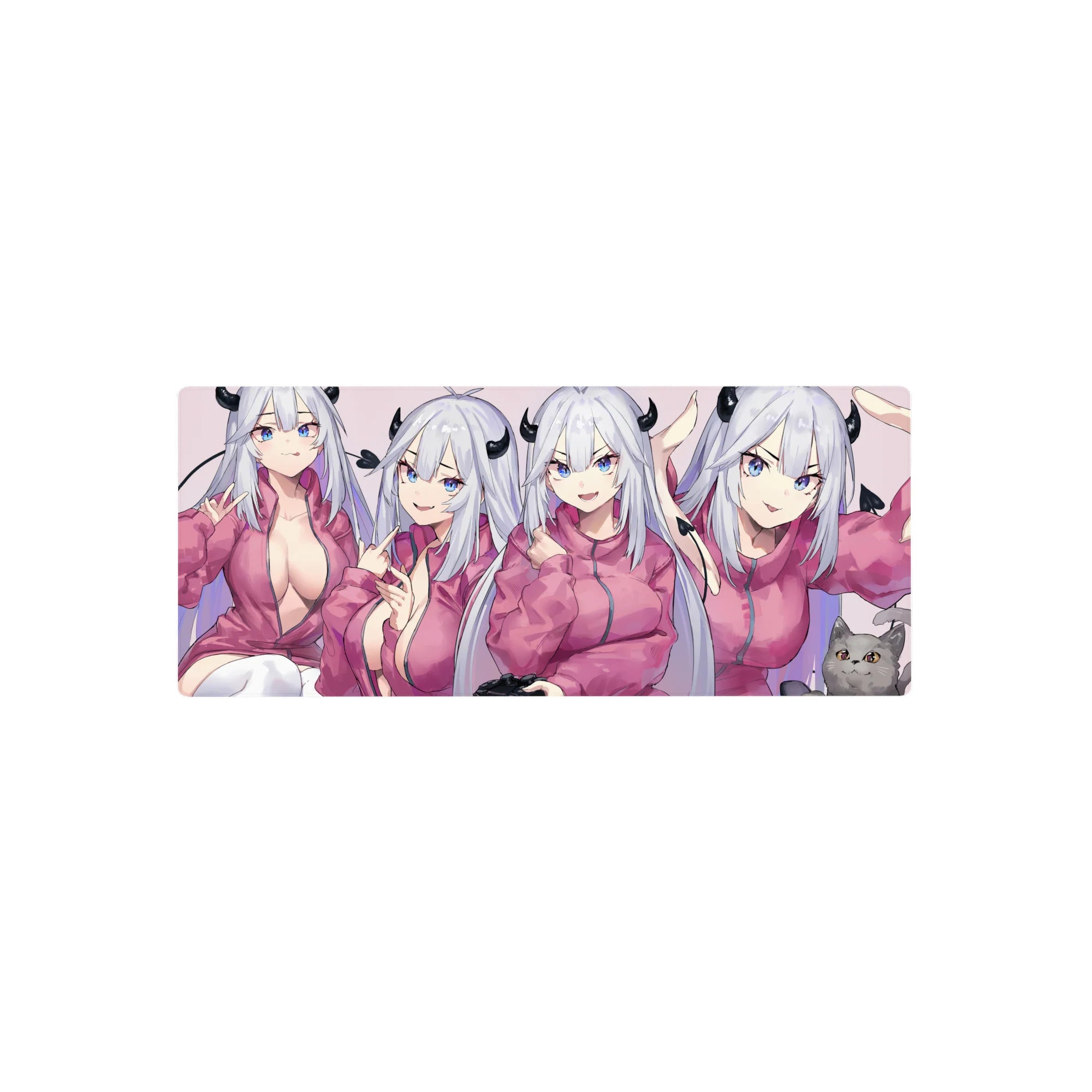 28x12 inches anime girl mouse pad with cute demon girl, four poses, silver hair, tiny horns, cat cameo.