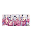 28x12 inches anime girl mouse pad with cute demon girl, four poses, silver hair, tiny horns, cat cameo.