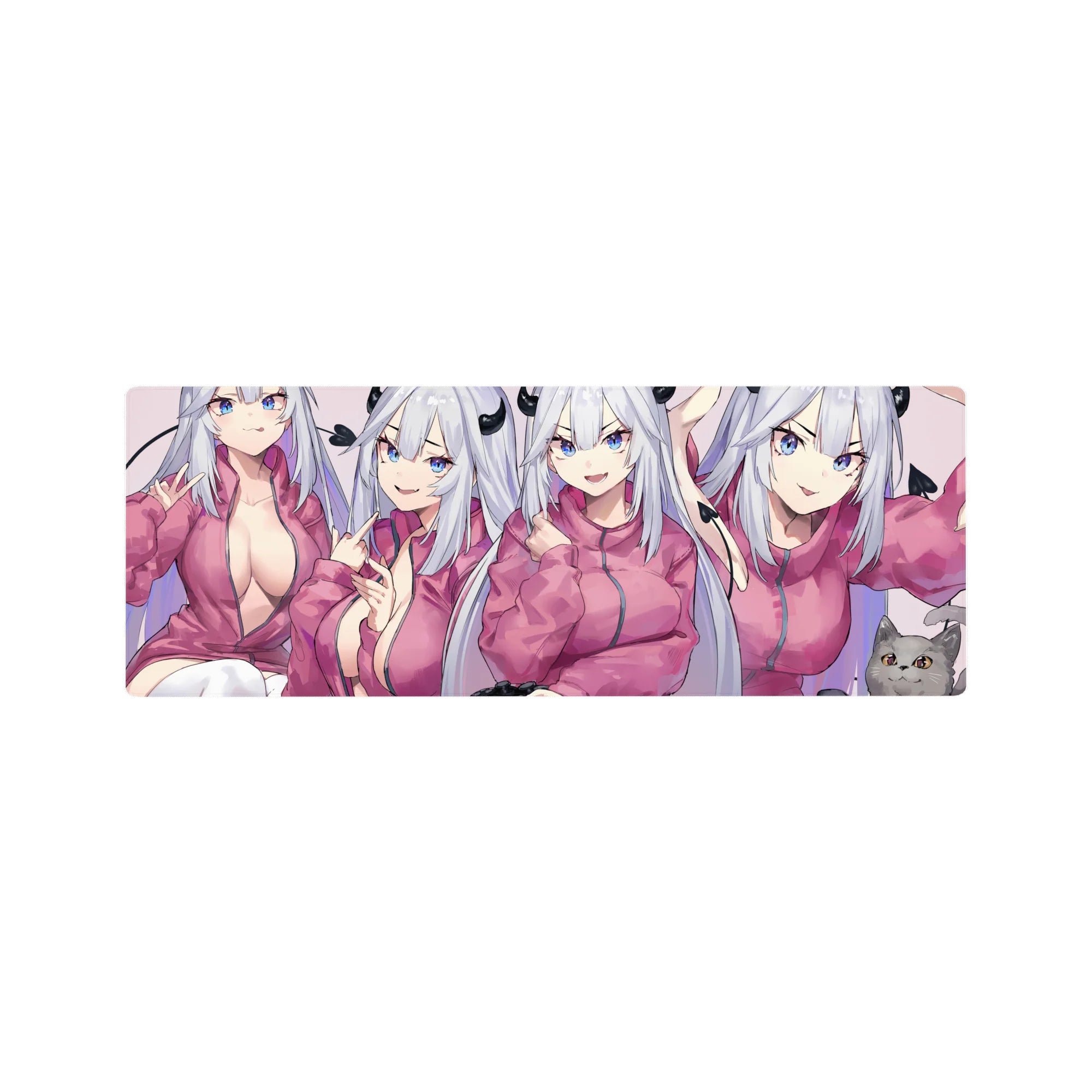 Cute demon girl anime girl mouse pad 32x12 inches with four poses, horns, silver hair, cat cameo.