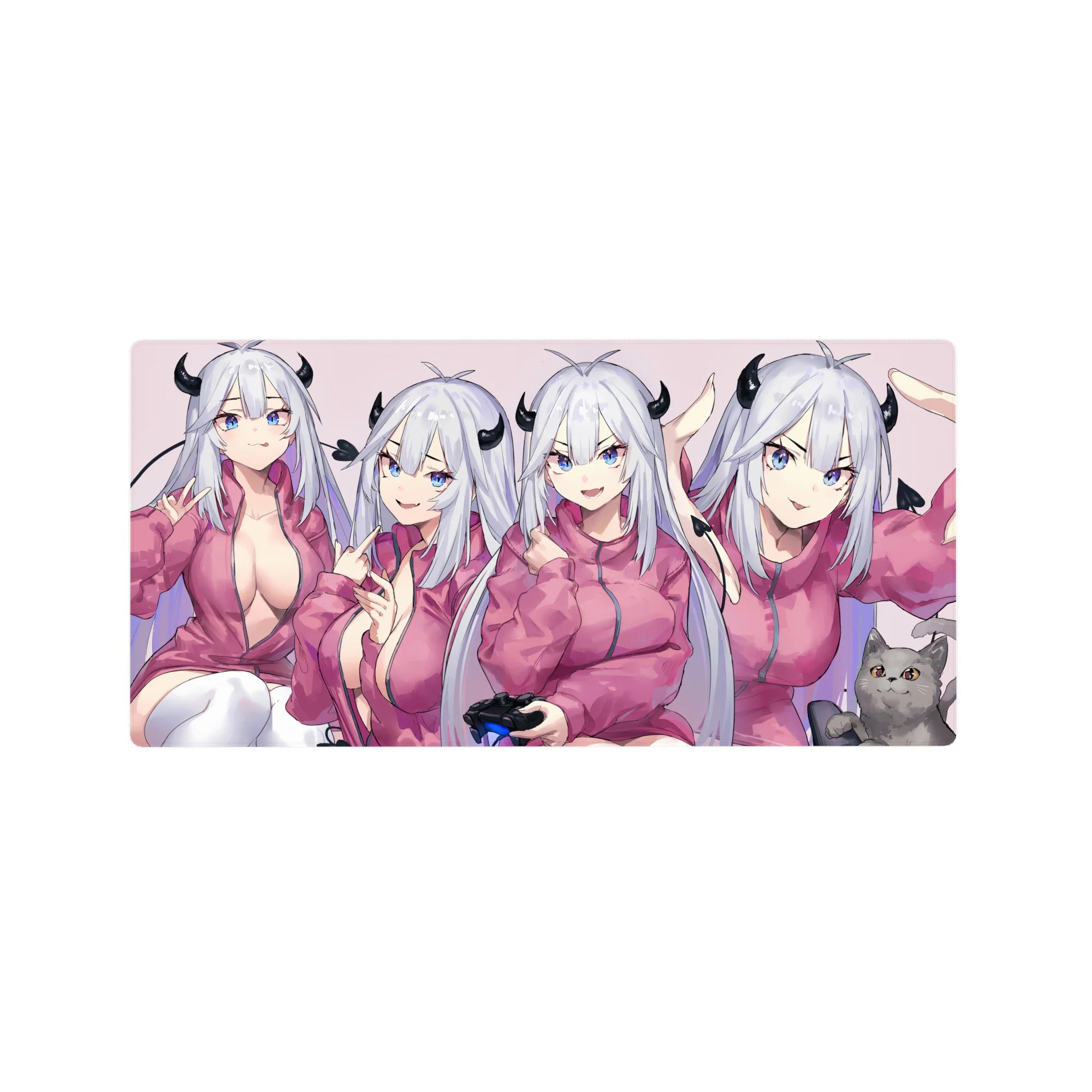 32x16 inches anime girl mouse pad with demon girl in four poses, silver hair, blue eyes, cat cameo.