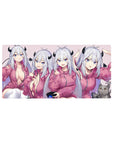 32x16 inches anime girl mouse pad with demon girl in four poses, silver hair, blue eyes, cat cameo.