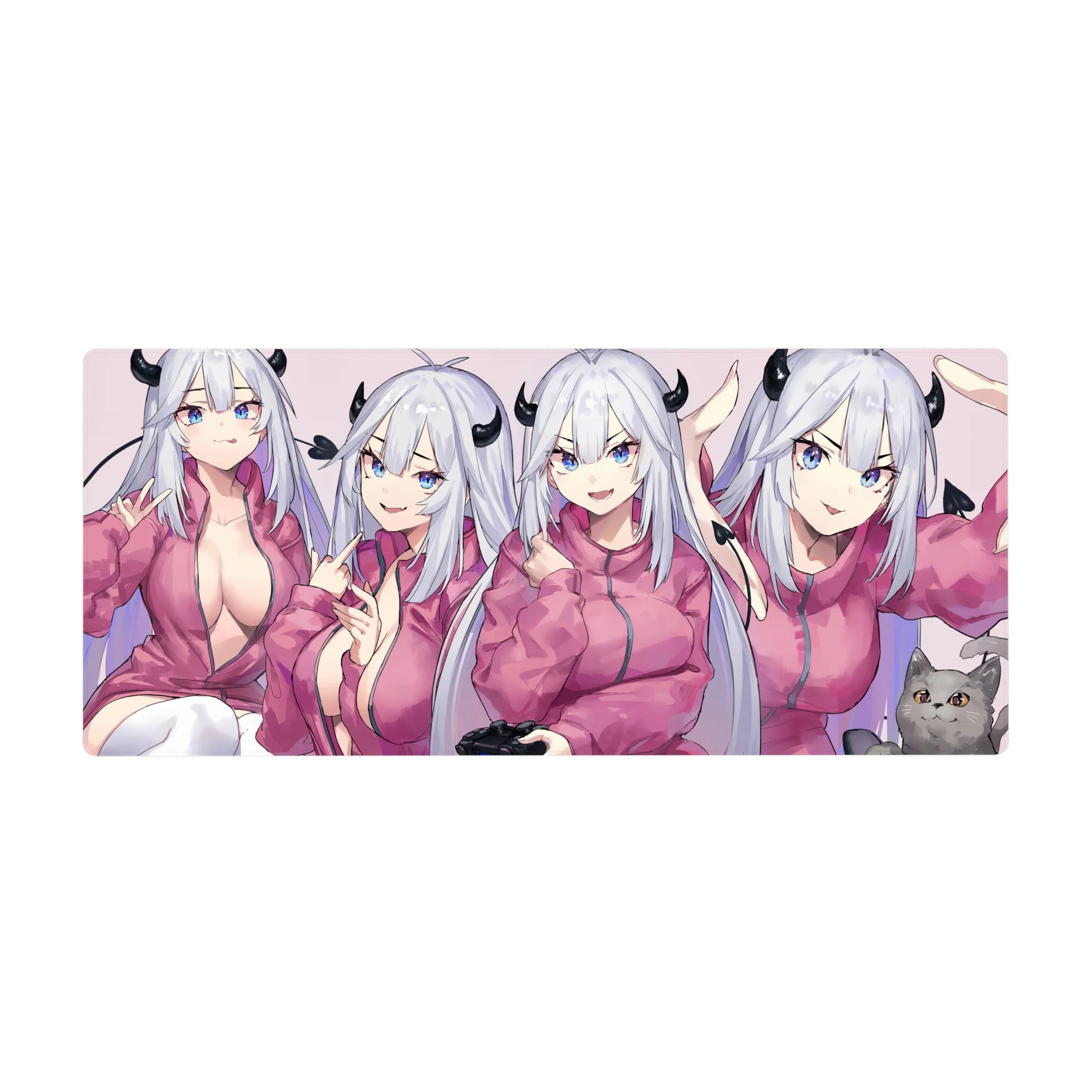 Anime girl desk pad 36x16 inches with demon girl in four poses, silver hair, black horns, cat cameo.