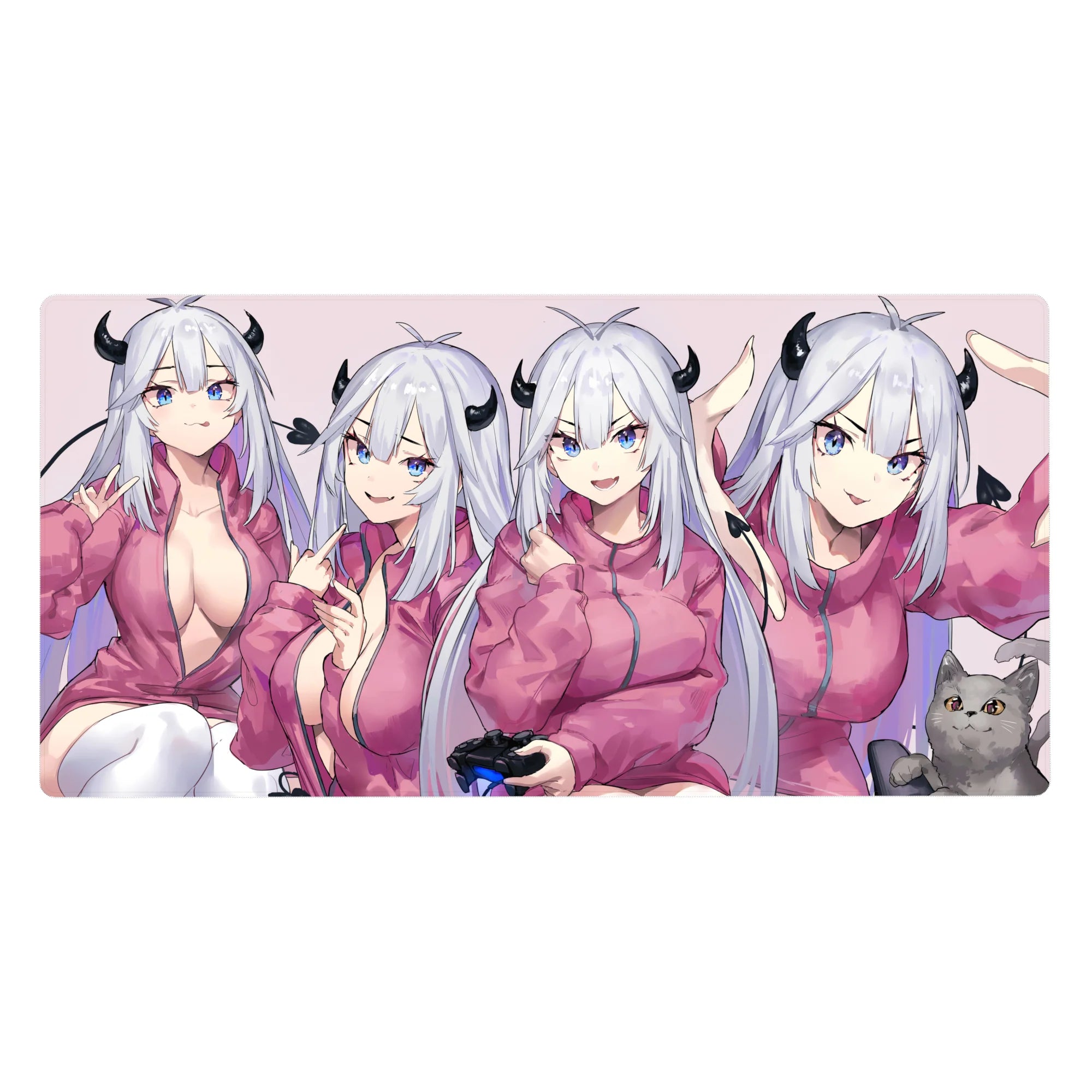 Anime girl desk pad 40x20 inches with four demon girl poses, tiny horns, silver hair, and cat cameo.