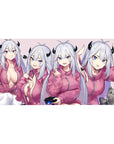 Anime girl desk pad 40x20 inches with four demon girl poses, tiny horns, silver hair, and cat cameo.