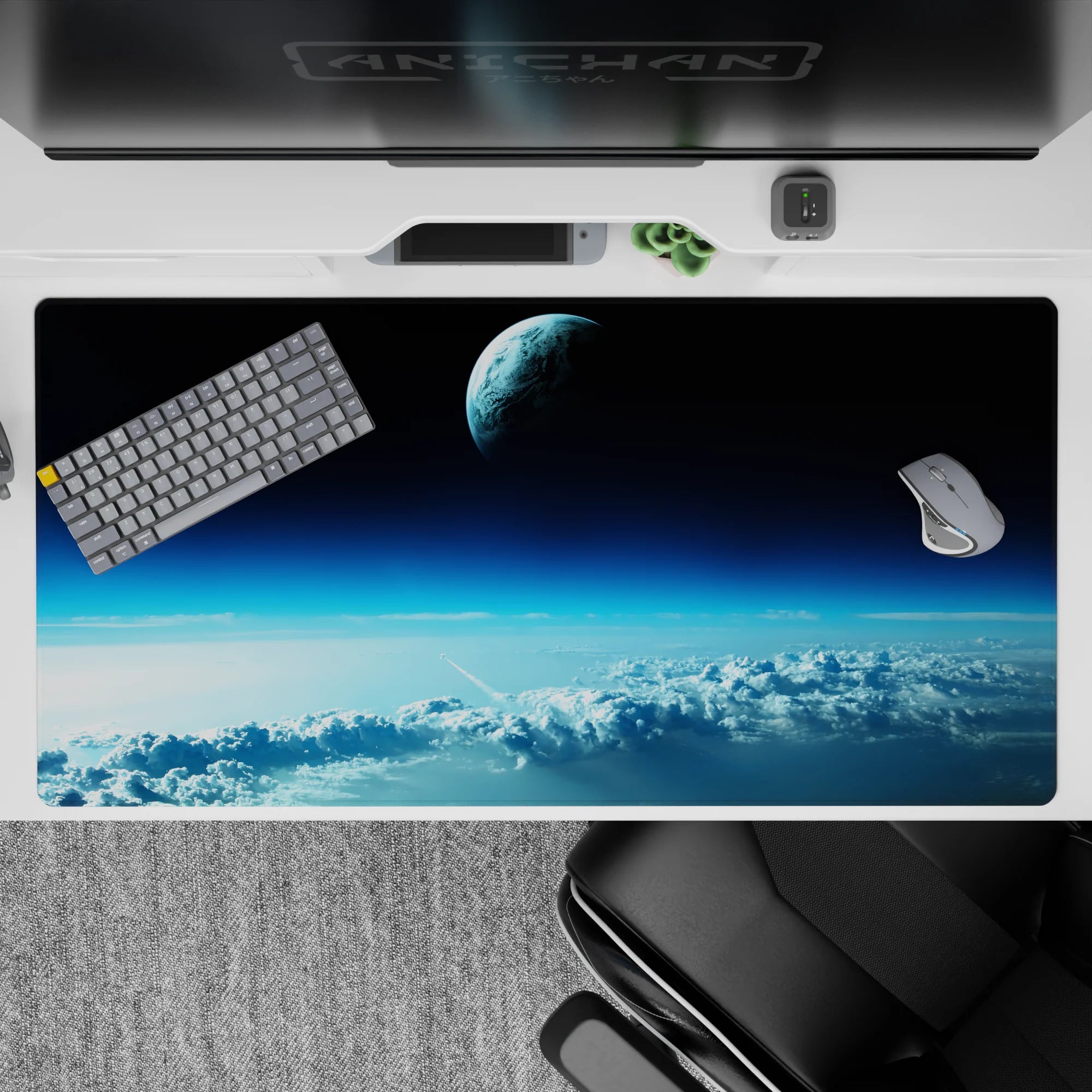 Moody midnight blue to icy sky desk pad 40x20 inches, soothing clouds for late-night work.