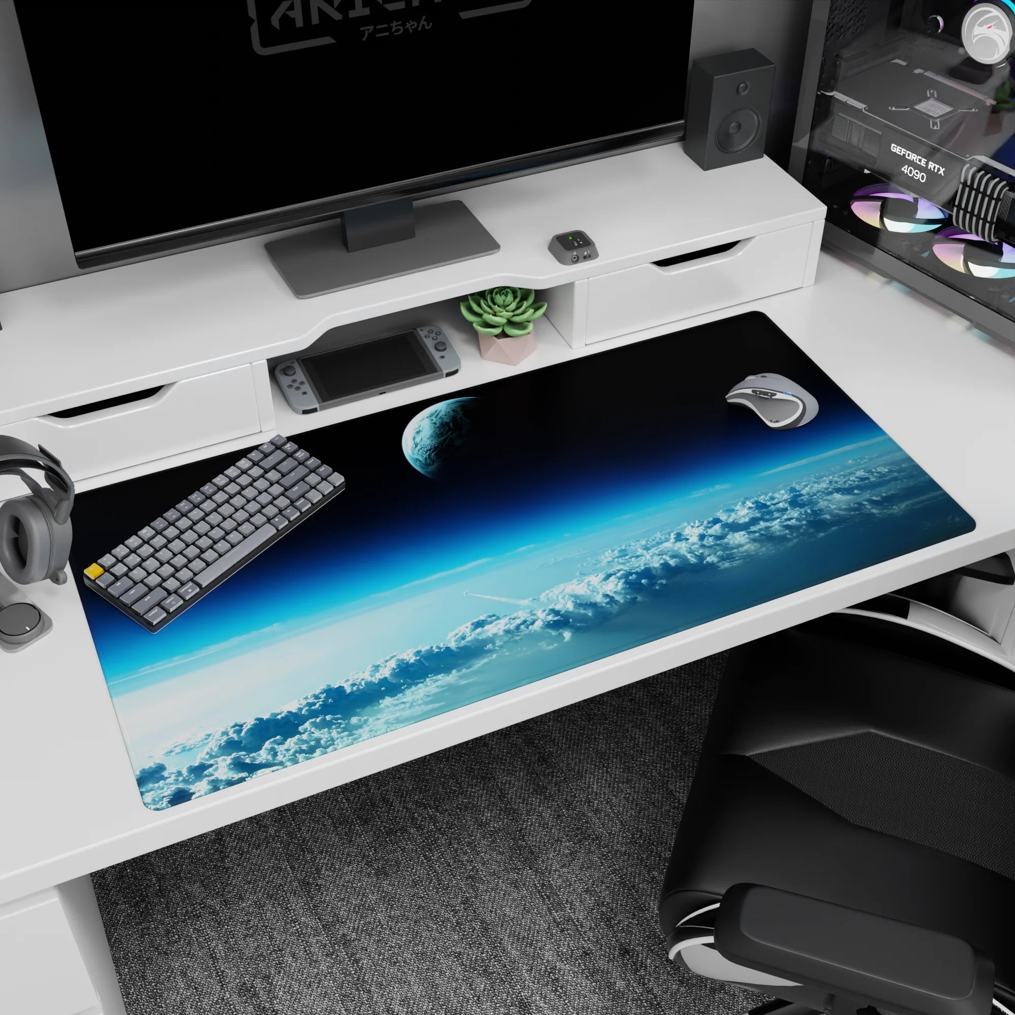 Cloud-band Earth-edge scene desk pad 40x20 inches with a quiet planet hanging above.