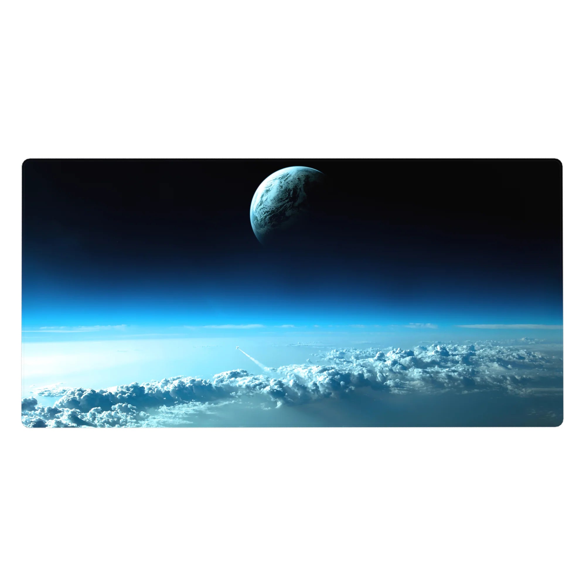 Space-themed desk pad 40x20 inches with clouds, gradient sky, and a small planet accent.