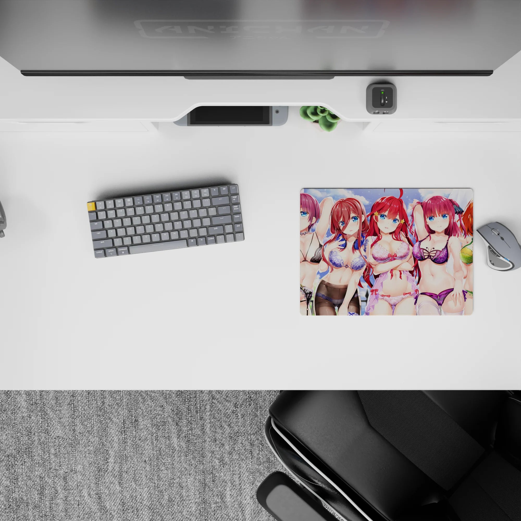 Playful summer anime mouse pad 14x10 inches with violet, red, and orange hair and sparkling sky tones.