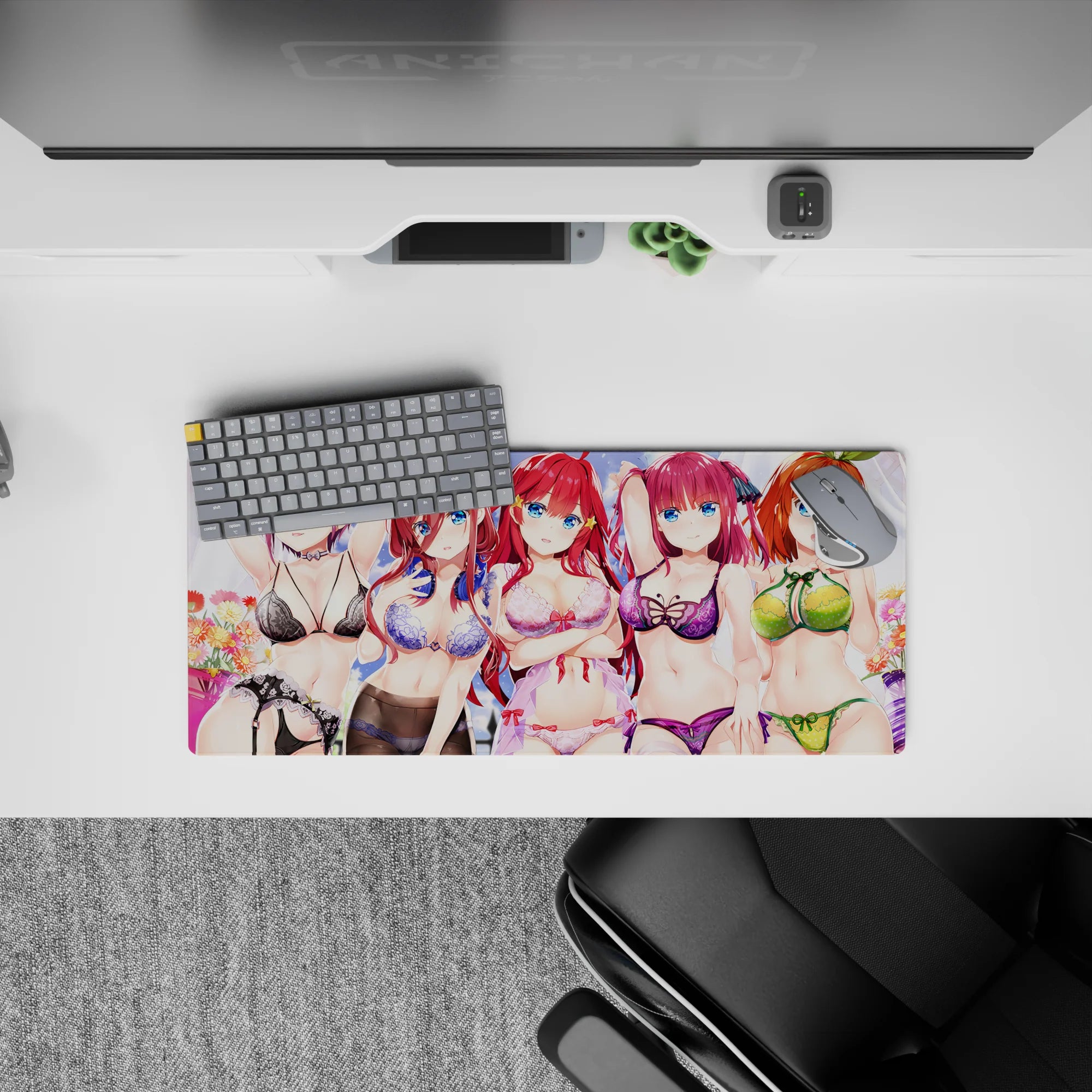 28x12 inches anime mouse pad in flirty summer vibes, violet red and orange hair, sparkling soft sky.