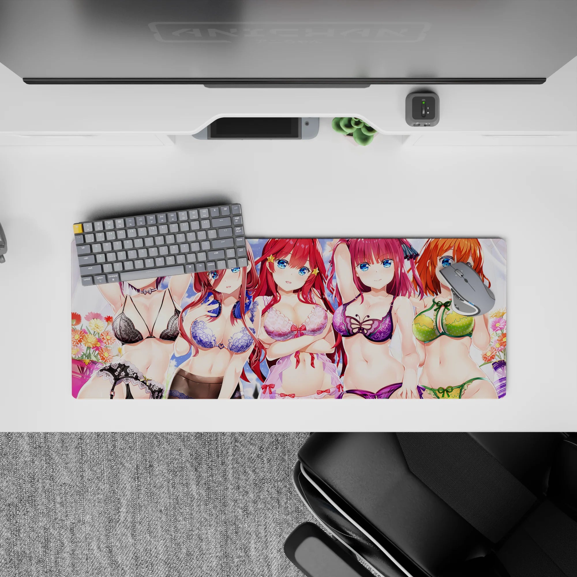 32x12 inches anime girl mouse pad in bright violet, cherry-red, and orange hair with playful summer vibes.